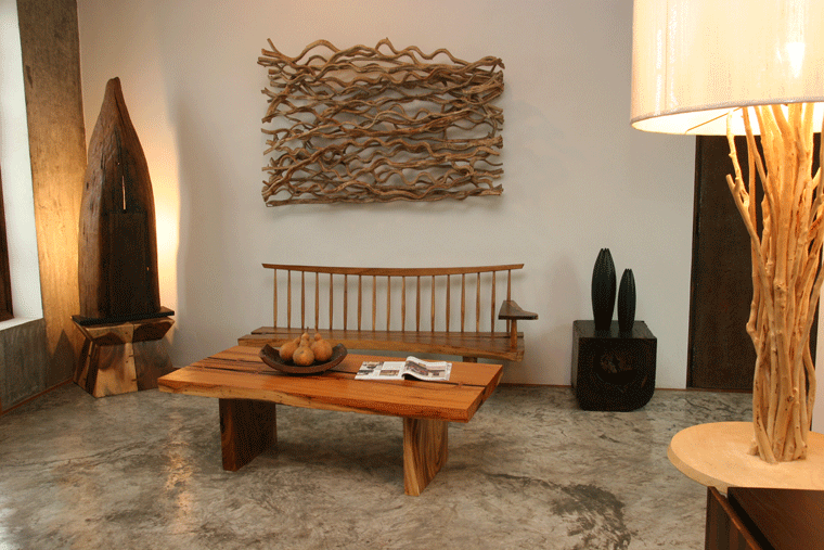L-R canoe lamp, free edge coffee table, masao bench, vine wall art, organic dark stool, branch lamp
