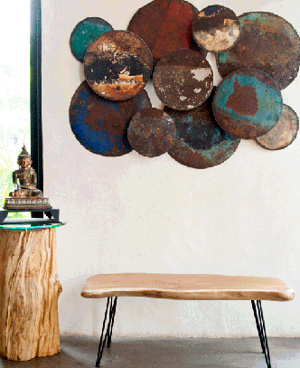 metal wall hanging, Buddha, organic stool, four faces stool