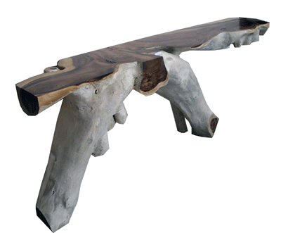 organic console made from reclaimed tropical hardwood